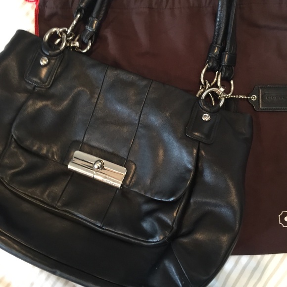 Coach Purse Handbag Black Leather EUC BLUE SATIN LINING